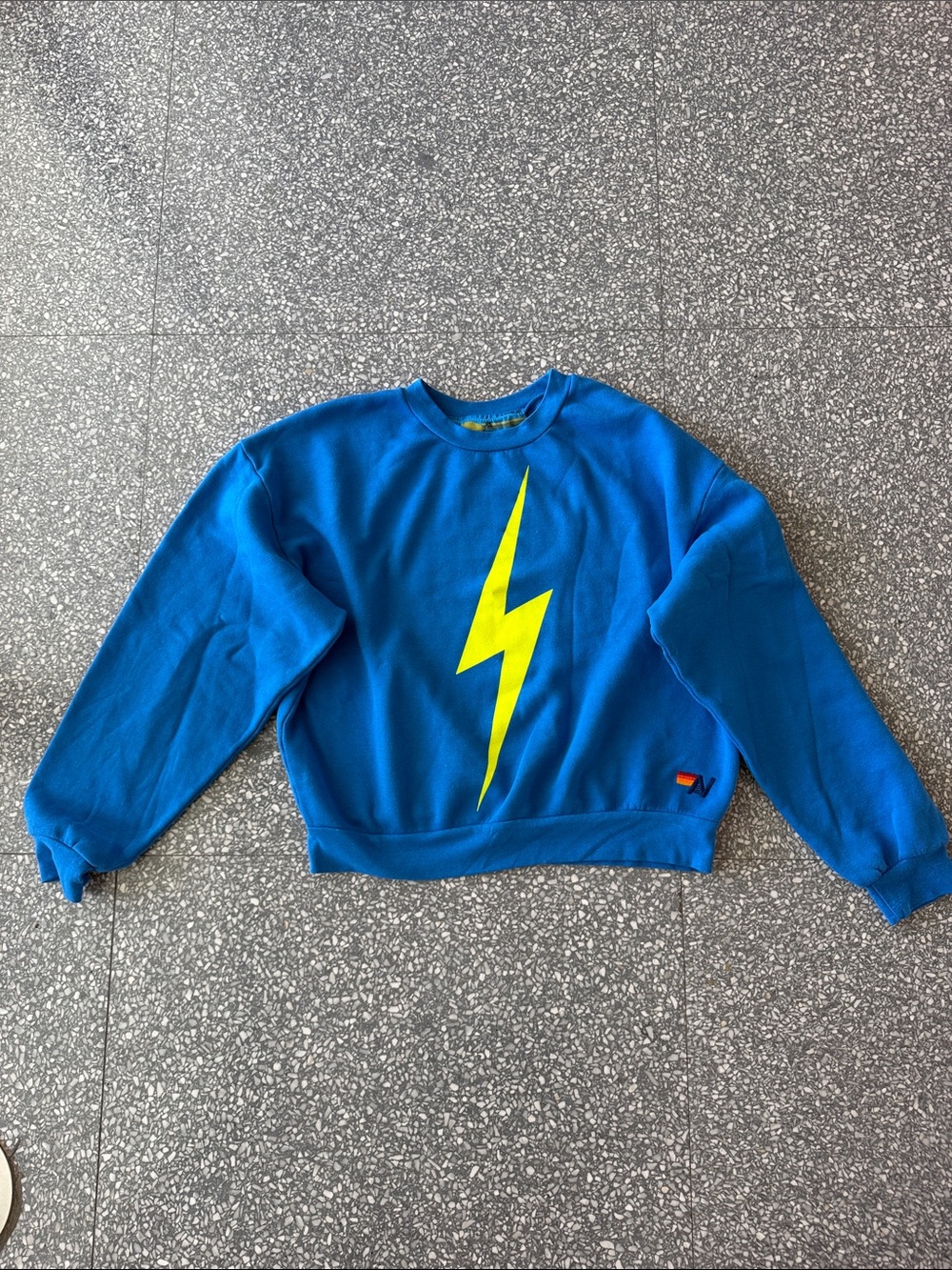 Aviator Nation Electric Blue Crewneck with Neon Yellow Lightning